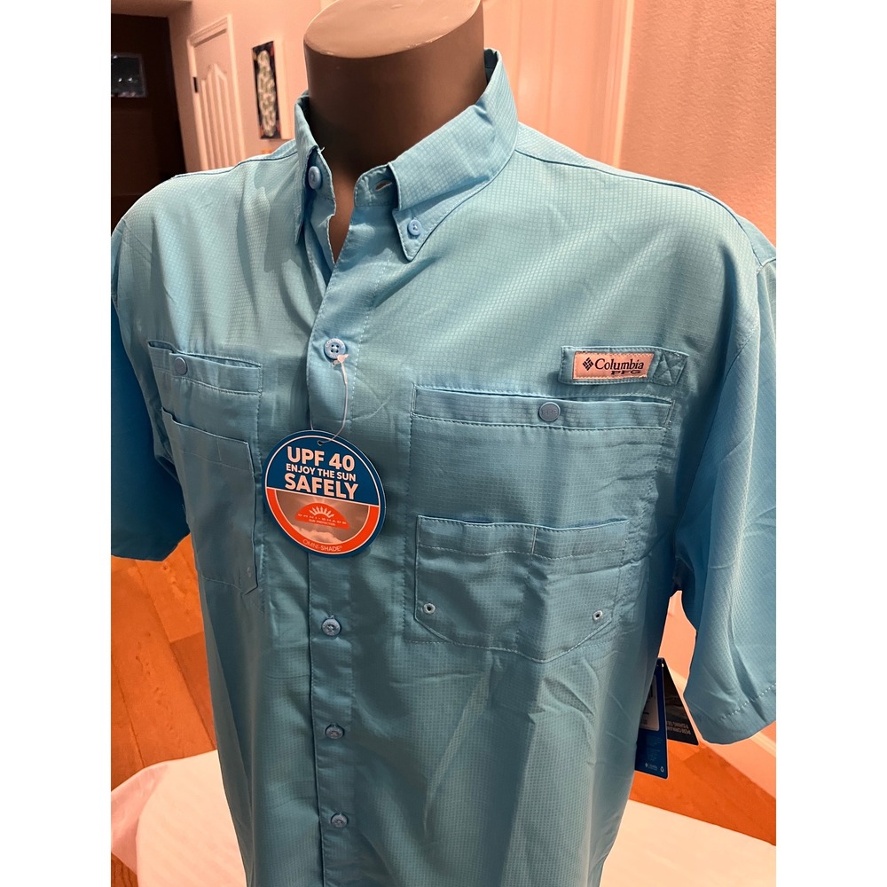Columbia Tamiami II Shirt Mens L Blue NWT PFG Short Sleeve UPF 40 Omni Wick